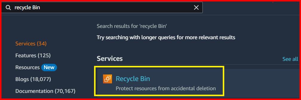 Picture showing the Recycle bin service in the search result